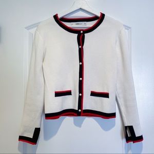 Zara Knit White Cardigan Pearl Buttons Sweater